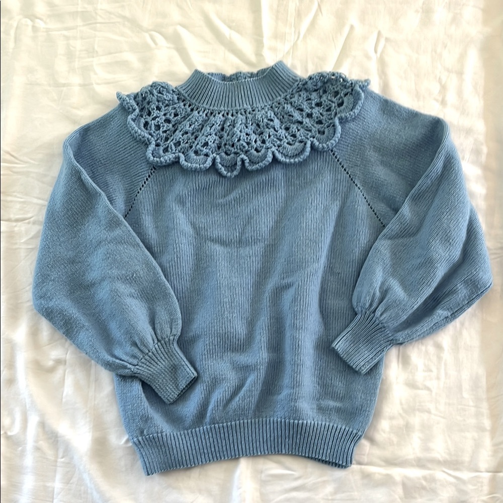 Women's Handmade Sweater, Lace Detail, blue sweater, handmade sweater, size S/XS